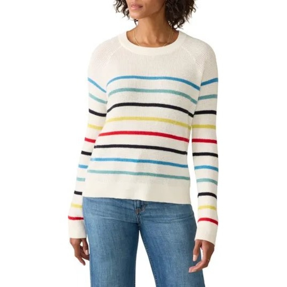 Faherty Womens XXL Striped Organic Cotton Cashmere Waffle Knit Sweater White